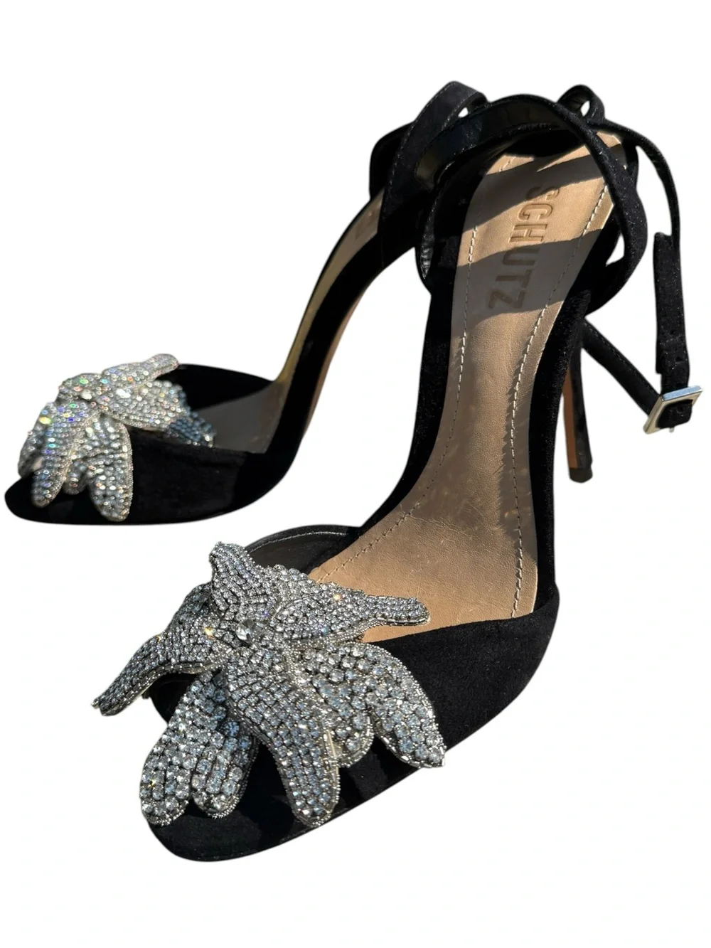 Schutz Ayanne Black Crystal Floral Rhinestone Ankle Strap Heels Sandals 7.5 Luxe